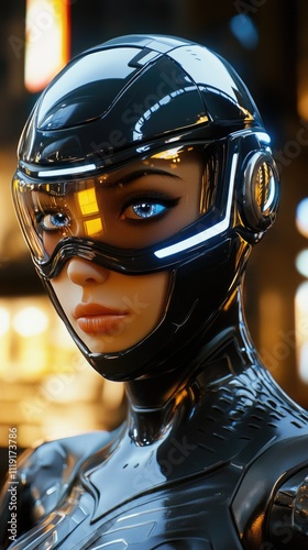 Futuristic Female Cyborg with High-Tech Helmet in Neon-Lit Urban Environment photo