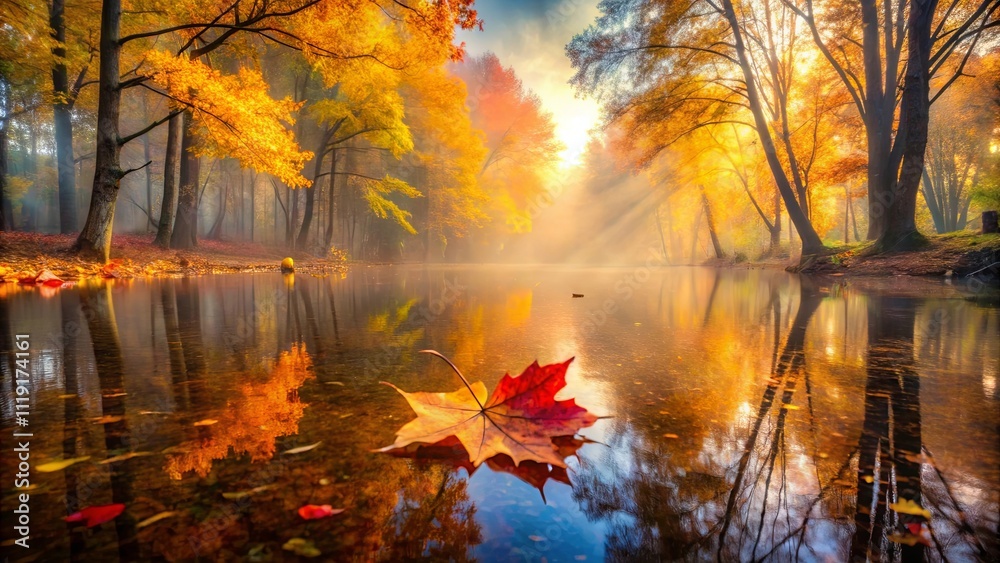 Golden Autumn Reflections A Single Leaf Floats on Still Waters Surrounded by Silhouettes of Trees Bathed in the Glow of a Misty Sunrise Golden Autumn Reflections A Single Leaf Floats on Still Waters Surrounded by Silhouettes of Trees Bathed in the Glow of a Misty Sunrise