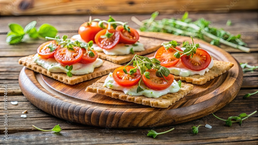 A rustic wooden platter with a trio of crispy crackers, each adorned with a generous dollop of creamy spread, ripe tomato slices, and fresh microgreens. A rustic wooden platter with a trio of crispy crackers, each adorned with a generous dollop of creamy spread, ripe tomato slices, and fresh microgreens.