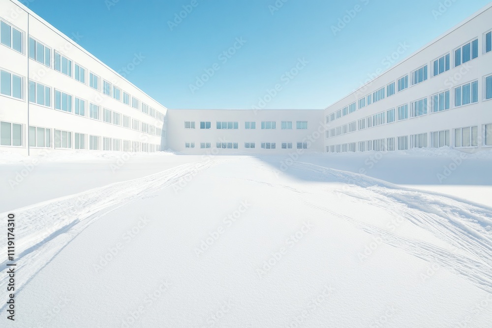 Snow-Covered School Parking Lot Tranquil Winter Scene with Tire Tracks Under Clear Blue Sky Snow-Covered School Parking Lot Tranquil Winter Scene with Tire Tracks Under Clear Blue Sky