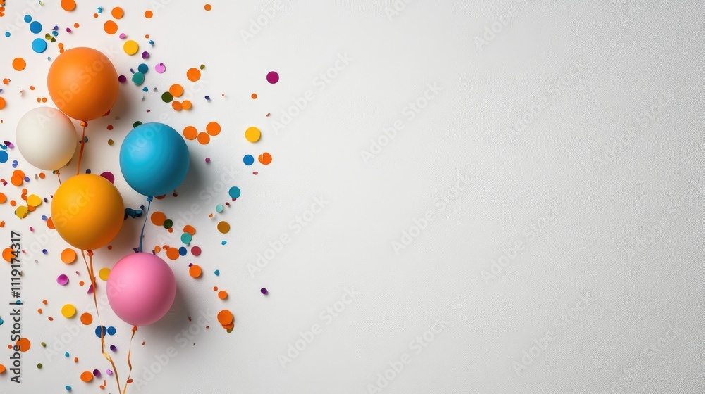 Colorful Balloons and Confetti on White Background Celebrating Festive Occasions and Joyful Events with Vibrant Party Decorations