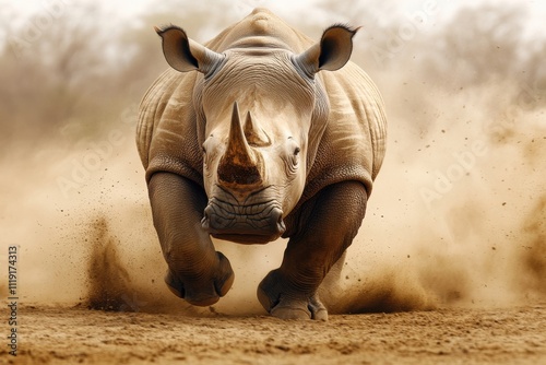 Rhino charging across a dry savannah, dirt flying beneath its feet, motion blur accentuating its unstoppable force, strength, nature, powerful. photo