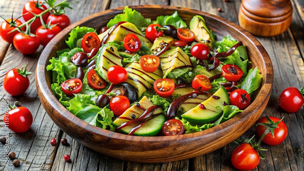 A Rustic Wooden Bowl Overflowing with a Delectable Salad of Green Lettuce, Sliced Avocado, Cherry Tomatoes, and a Rich Balsamic Dressing A Rustic Wooden Bowl Overflowing with a Delectable Salad of Green Lettuce, Sliced Avocado, Cherry Tomatoes, and a Rich Balsamic Dressing