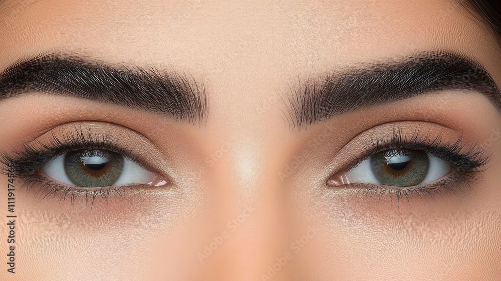 Fototapeta premium Close-Up of Beautiful Woman's Eyes with Striking Green Irises and Well-Defined Eyebrows, Perfect for Portrait and Beauty Photography