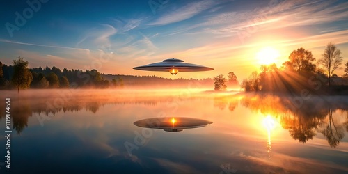 A solitary, gleaming UFO hovers over a tranquil lake as the sun rises, casting a golden glow on the mist-shrouded landscape.