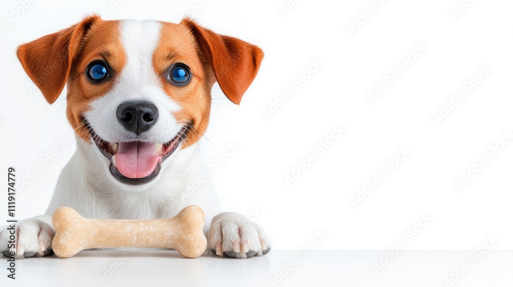 Happy Jack Russell Terrier with Blue Eyes and Bone on White Background Happy Jack Russell Terrier with Blue Eyes and Bone on White Background