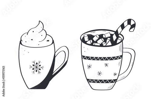 Christmas set of hot drinks doodle style. Delicious cocoa with marshmallows, hot chocolate, coffee with cream or tea. Vector illustration hand drawn.