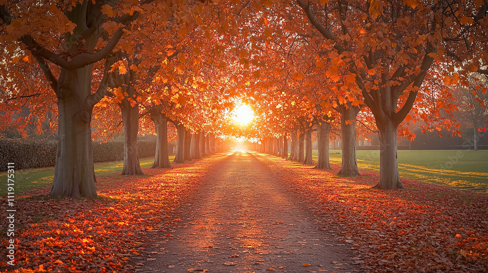 Fototapeta premium tree-lined path in a park during autumn, golden and red leaves creating a serene atmosphere