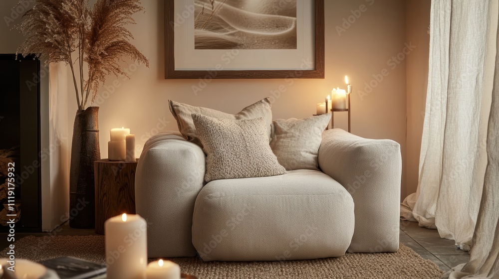 Cozy and Inviting Living Room with Neutral Tones and Warm Lighting Cozy and Inviting Living Room with Neutral Tones and Warm Lighting