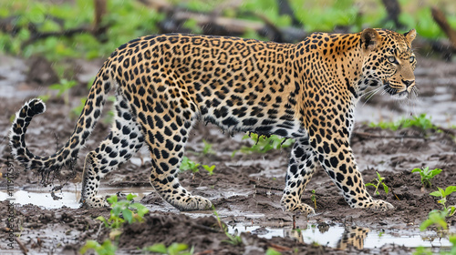 Leopard Walking Through Wetland