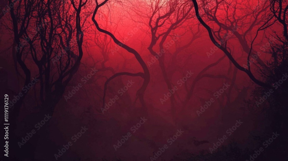 Obraz premium Eerie and Mysterious Forest Scene with Tall Twisted Trees and Deep Red Background - Captured from a Low Angle.