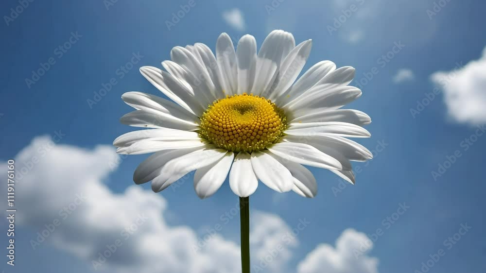 Stunning Close-Up of a Daisy Flower Against a Bright Blue Sky Filled with Fluffy Clouds Stunning Close-Up of a Daisy Flower Against a Bright Blue Sky Filled with Fluffy Clouds