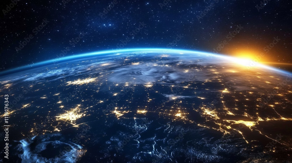 Nighttime Earth View from Space with City Lights and Glowing Sky Creating Serene High Vantage Point Perspective Nighttime Earth View from Space with City Lights and Glowing Sky Creating Serene High Vantage Point Perspective