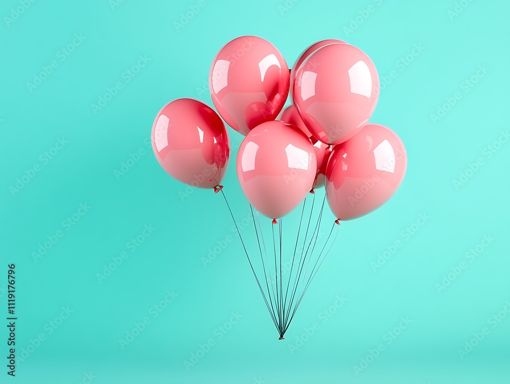 Cluster of Glossy Pink Balloons Against a Soft Turquoise Background Cluster of Glossy Pink Balloons Against a Soft Turquoise Background
