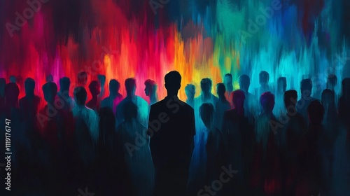 Vibrant abstract digital art of a crowd at a concert, with colorful, chaotic background and a silhouette person standing out.