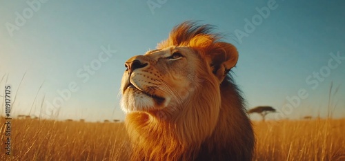 Majestic male lion looking up at sunset in golden savanna grass. photo