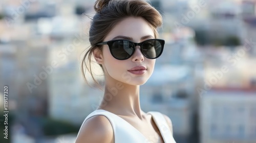 A woman with brown hair in a sleek bun and black sunglasses wears a simple white dress