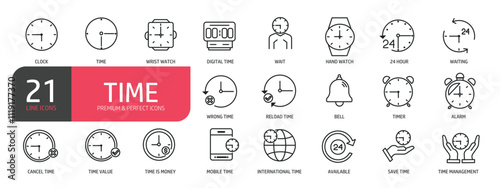 Set of glyph solid icons related to time, clock, calendar, timer. Glyph solid icons collection. Vector illustration.
