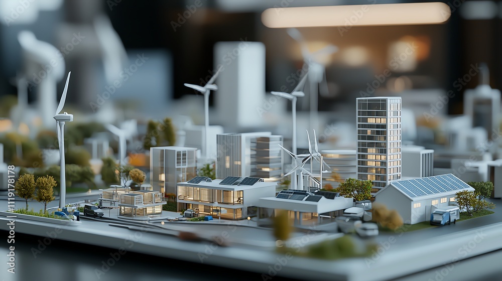 Miniature city model showcasing modern architecture and renewable energy. Miniature city model showcasing modern architecture and renewable energy.