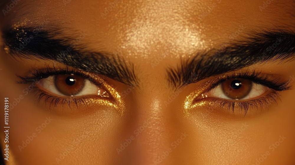 Obraz premium Close-Up Portrait of Mesmerizing Eyes with Golden Highlights and Bold Brows Capturing the Essence of Beauty and Elegance in Fashion Photography