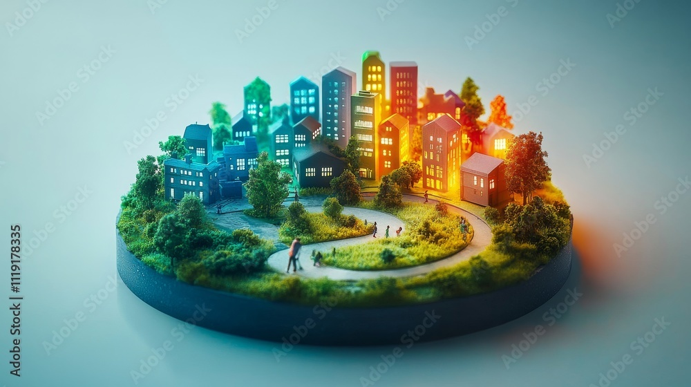 Obraz premium Rainbow-colored 3D city model showcasing sustainable urban development with integrated environmental solutions and smart city concepts