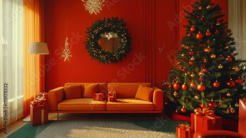 Orange couch in red room with gifts, Christmas tree, and wreath. Perfect for holiday greeting cards or festive home décor websites.