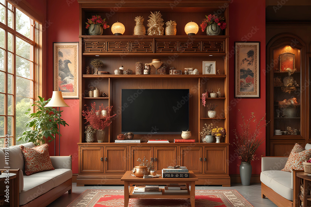 Fototapeta premium Wooden cabinet with decorations for Chinese New Year celebration in living room. Front view.