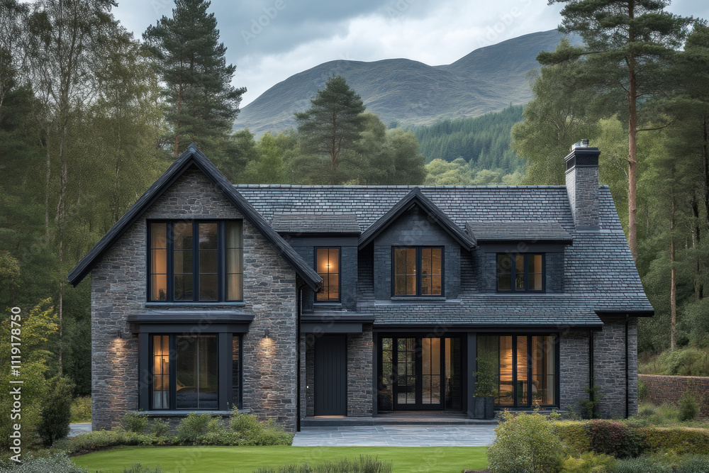Modern stone house with dark gray roof, black trim, and large windows nestled in a wooded landscape with mountains in the background. Modern stone house with dark gray roof, black trim, and large windows nestled in a wooded landscape with mountains in the background.