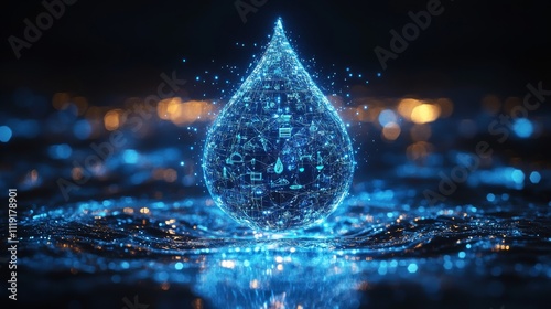 Electric blue water drop emanating digital energy, illustrating advanced water technology and environmental conservation concepts photo