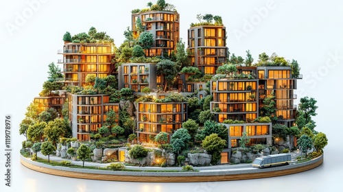 Miniature 3D model of sustainable city with integrated greenery, demonstrating future urban planning and ecological architecture