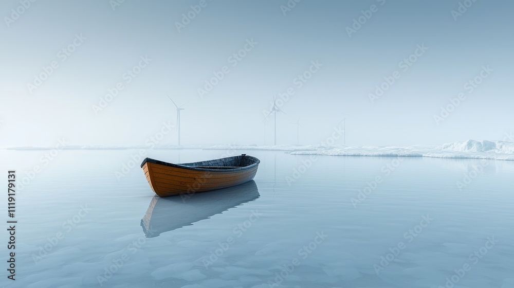 Naklejka premium Solitary wooden boat on misty water, creating serene atmosphere symbolizing environmental preservation and water resource management