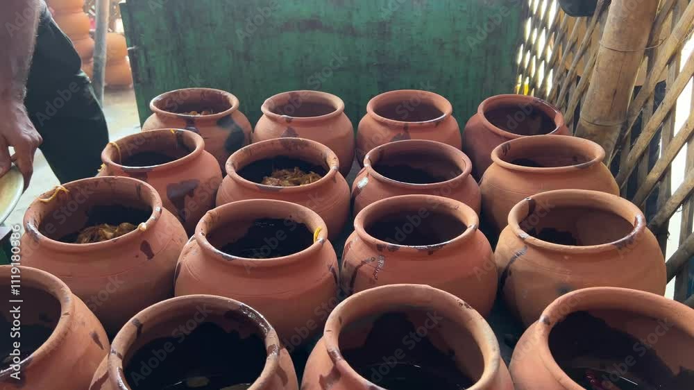 A man putting onion and spices in earthen pot to make Champaran Handi Mutton A man putting onion and spices in earthen pot to make Champaran Handi Mutton