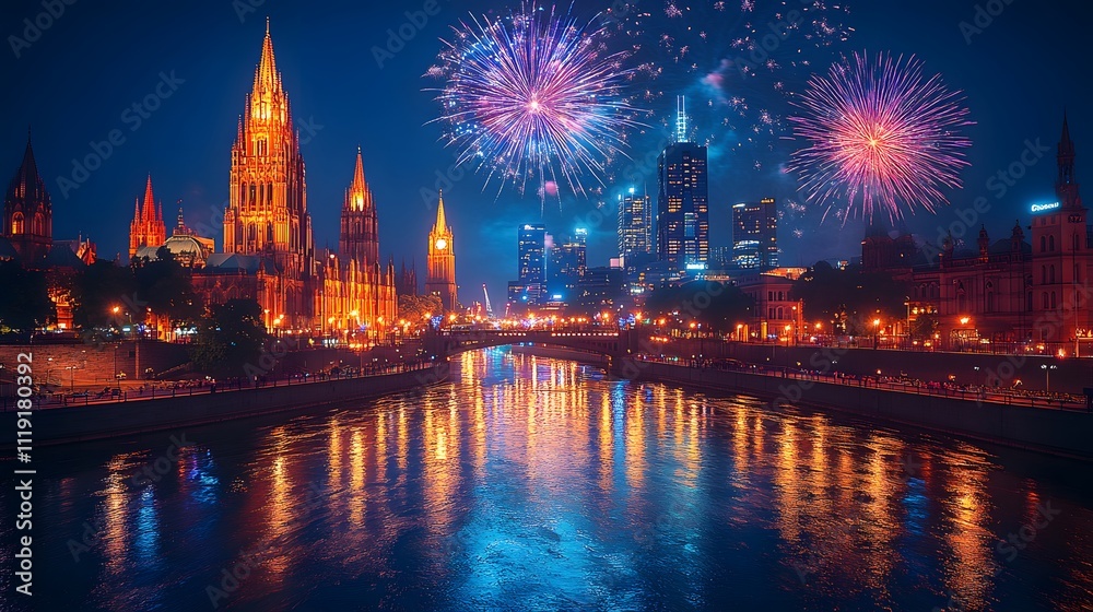 Obraz premium Rooftop celebration with Australia Day fireworks illuminating the city, colorful sparks filling the dark sky