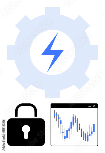 Gear with lightning bolt, secure lock symbol, and fluctuating financial graph. Ideal for energy management, security, financial analysis, technology solutions, industrial automation, power systems