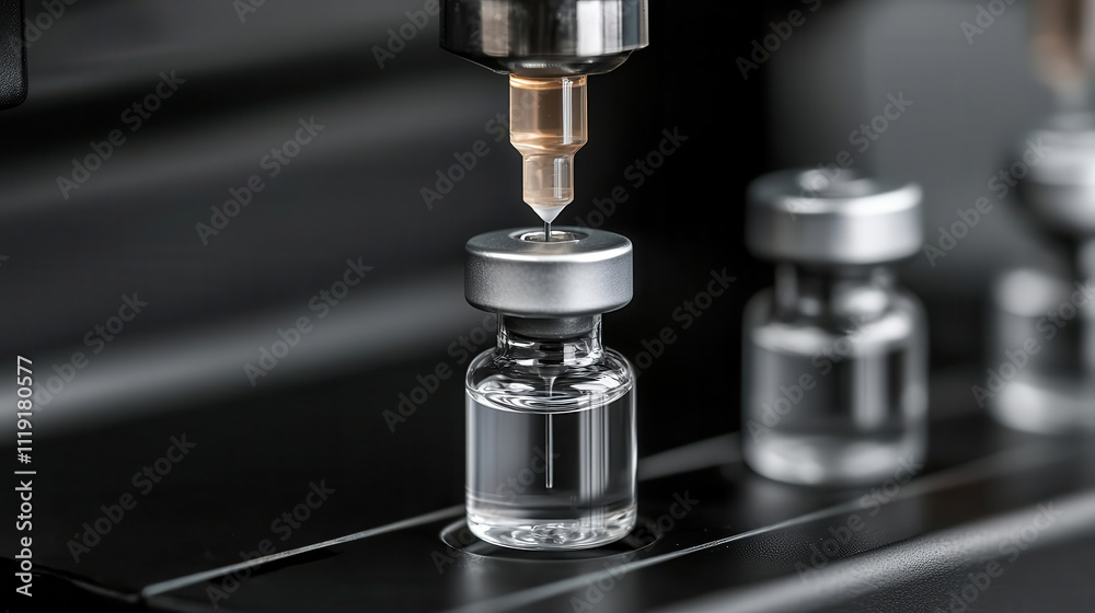 A close-up of manufacturing a drug assembly glass vial being filled with liquid by a precision nozzle in a laboratory setting. A close-up of manufacturing a drug assembly glass vial being filled with liquid by a precision nozzle in a laboratory setting.