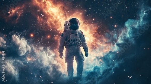 Astronaut walking on a nebula in space.