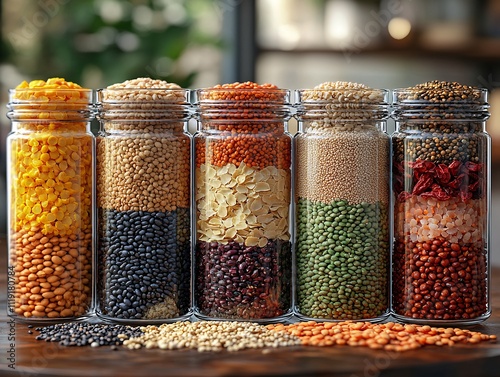 Colorful jars filled with various legumes and grains, showcasing a vibrant display of different textures and hues.