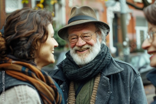 Senior couple walking in the city street. Smiling elderly man and woman talking outdoors.