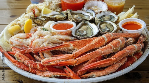 Large platter of seafood including oysters, shrimp, and crab legs with dipping sauces photo