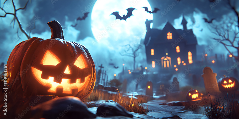 Haunted House with Glowing Halloween Pumpkin and Bats in Foggy Night Haunted House with Glowing Halloween Pumpkin and Bats in Foggy Night