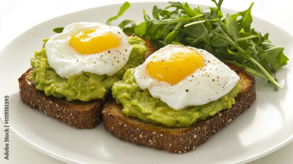 29.A healthy breakfast plate featuring two slices of whole grain toast topped with mashed avocado and poached eggs. The yolks are runny, spilling onto the crisp toast, with a few fresh greens on the 29.A healthy breakfast plate featuring two slices of whole grain toast topped with mashed avocado and poached eggs. The yolks are runny, spilling onto the crisp toast, with a few fresh greens on the