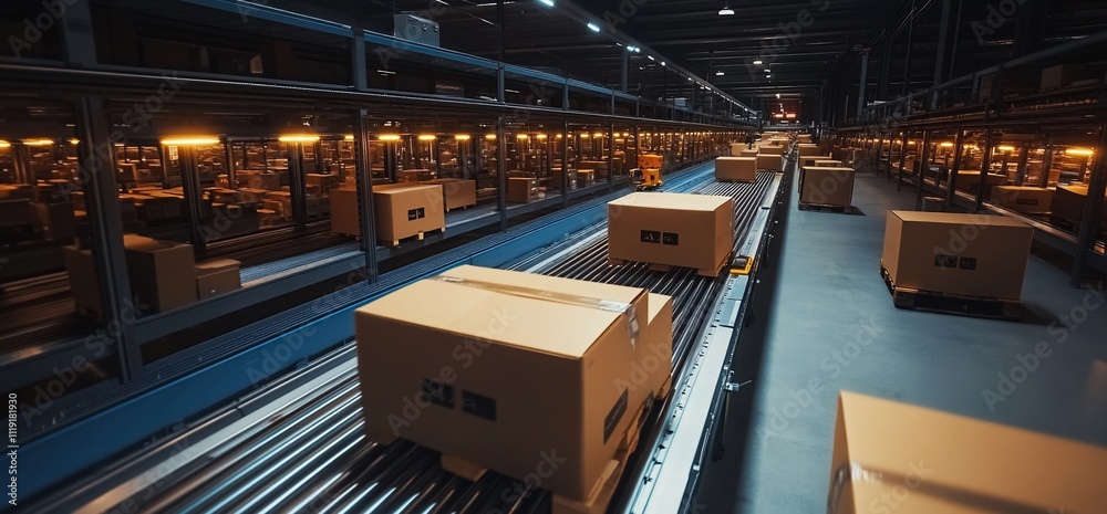 Cardboard boxes moving on a conveyor belt in a warehouse. Cardboard boxes moving on a conveyor belt in a warehouse.