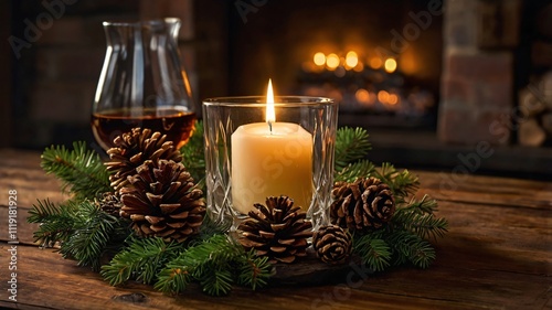 Warm and cozy atmosphere of a Christmas home, fresh green pinecones on top of an elegant table with candlelight