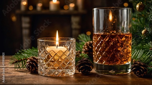 Warm and cozy atmosphere of a Christmas home, fresh green pinecones on top of an elegant table with candlelight  Glass of Whiskey, Wine Bottle