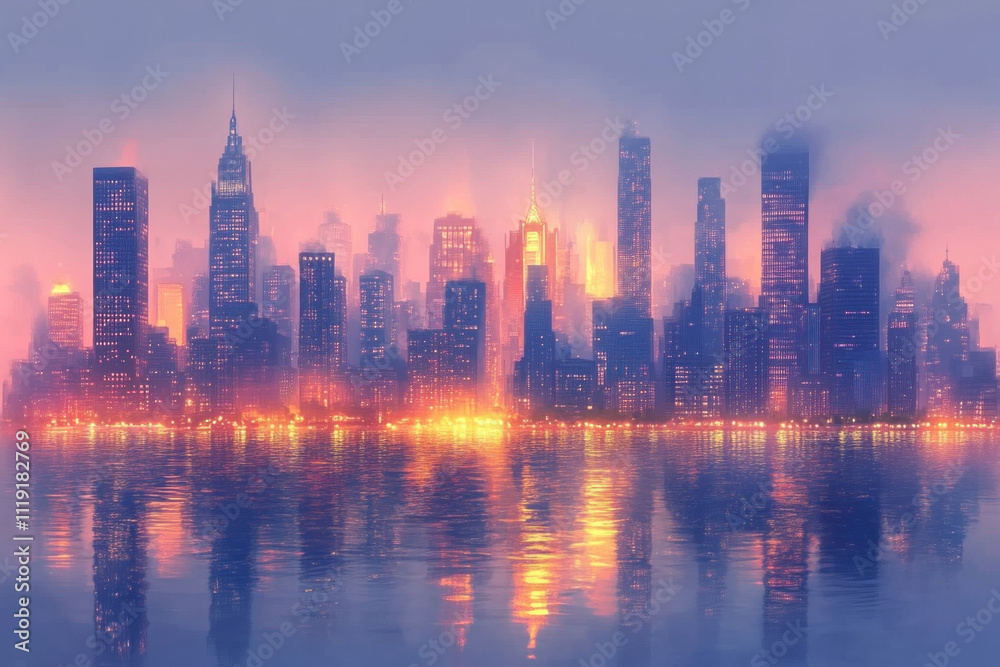 Misty cityscape at sunset reflecting on water.