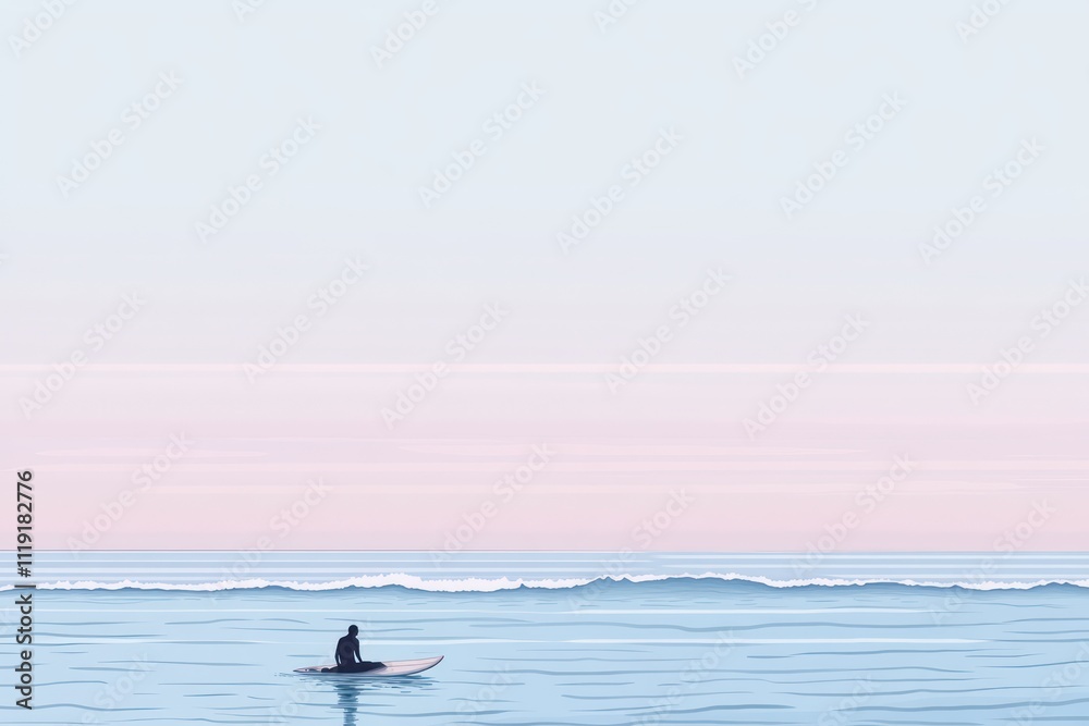 Fototapeta premium A serene scene of a lone surfer on a calm ocean at sunset.