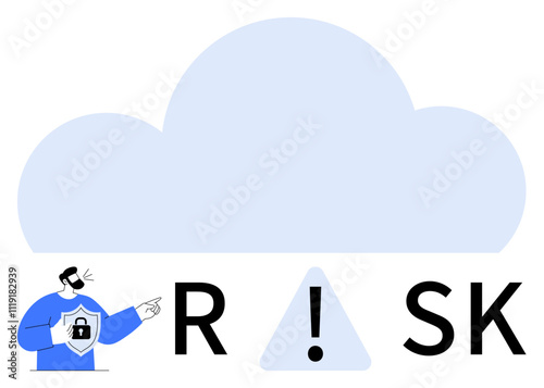 Person pointing at risk warning, large cloud backdrop, exclamation triangle. Ideal for cybersecurity, cloud services, IT safety, data protection, risk management, corporate training digital threats