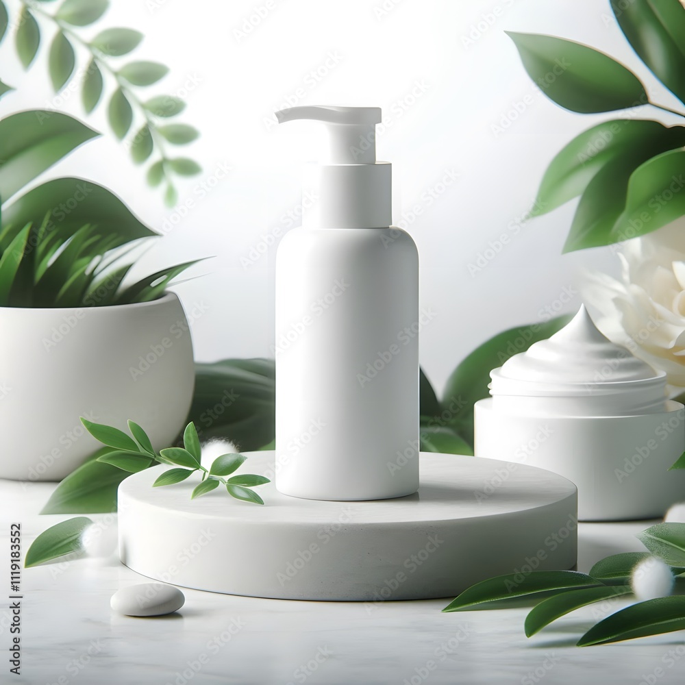 white cosmetic product bottle mockup with green leaves background white cosmetic product bottle mockup with green leaves background