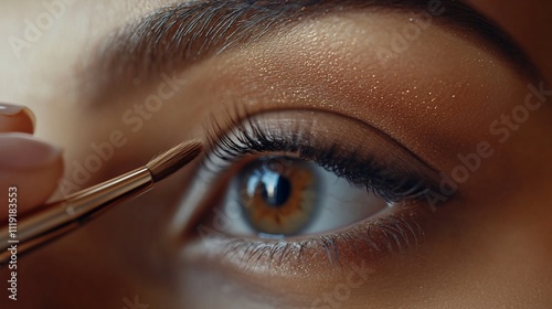 Close-up of a woman applying eyeshadow with a brush.