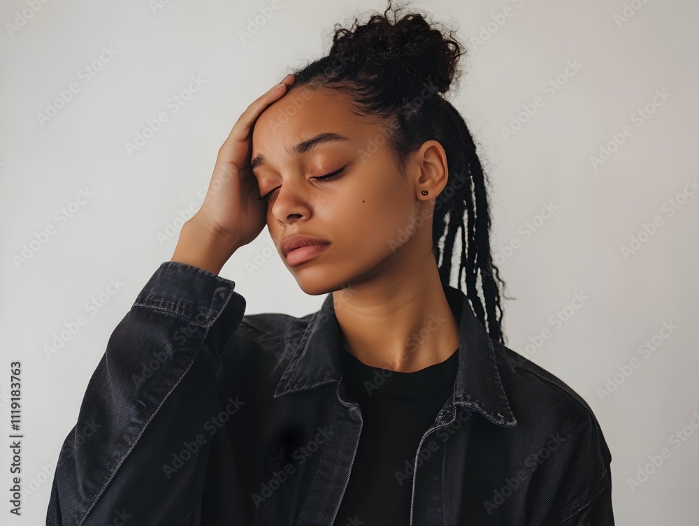 Pensive Woman Reflecting Deeply in Soft Focused Studio Lighting on White Background Pensive Woman Reflecting Deeply in Soft Focused Studio Lighting on White Background